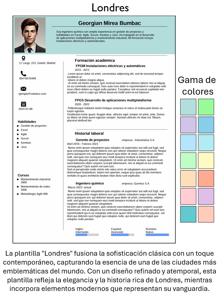 Ejemplo de como quedaría la plantilla rellena, una tabla con los colores disponibles y la descripción del estilo de la plantilla Londres